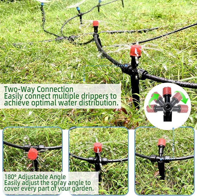 40PCS Push-to-Connect Drip Irrigation Emitters for 1/4 inch Irrigation Tubing, Two-Way Connection Adjustable Drip Emitter Sprayer with Stake, Irrigation Dripper Sprinklers for Drip Irrigation System