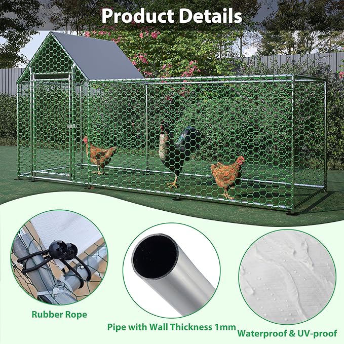 Metal Chicken Coop,10x3FT Walk-in Chicken Run,Galvanized Wire Poultry Chicken Hen Pen Cage, Rabbits Duck Cages with Waterproof and Anti-Ultraviolet Cover for Backyard and Farm