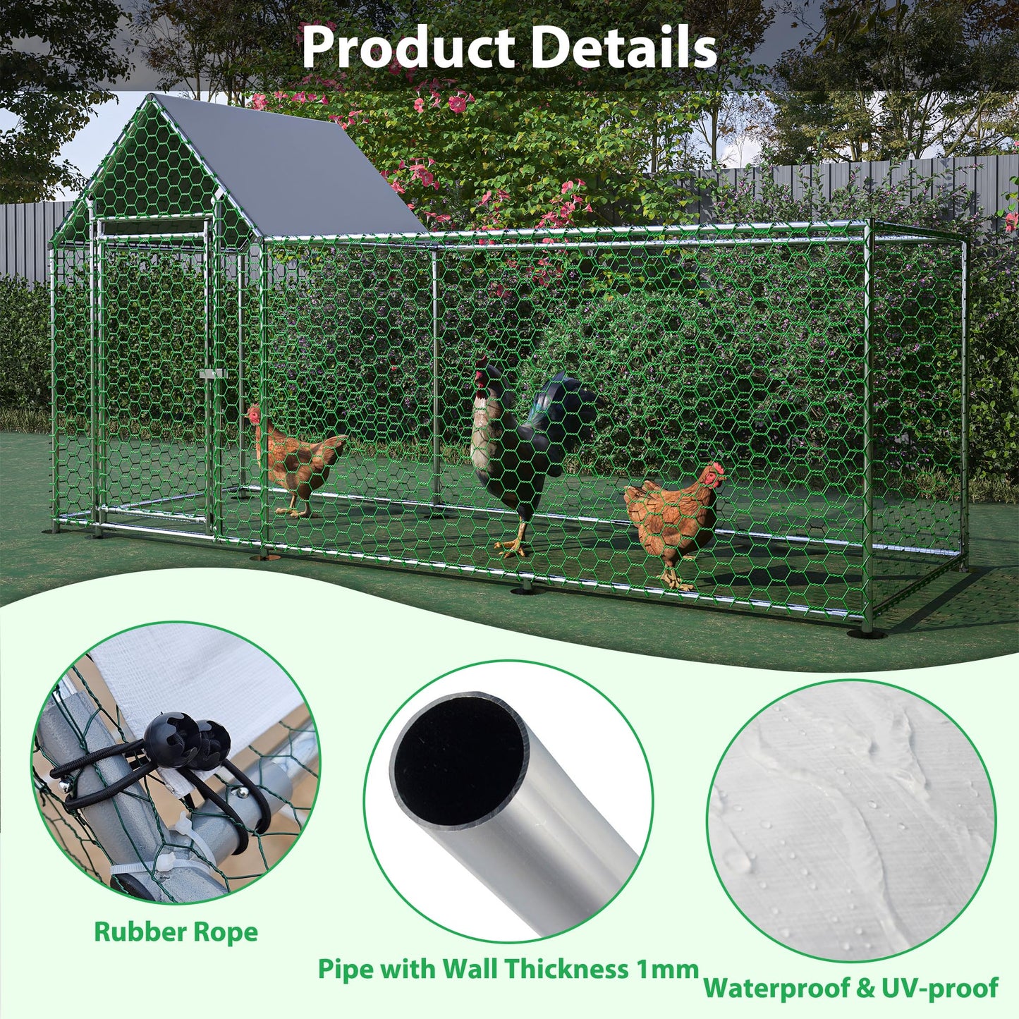YOPTO Metal Chicken Coop,10x3FT Walk-in Chicken Run,Galvanized Wire Poultry Chicken Hen Pen Cage, Rabbits Duck Cages with Waterproof and Anti-Ultraviolet Cover for Backyard and Farm