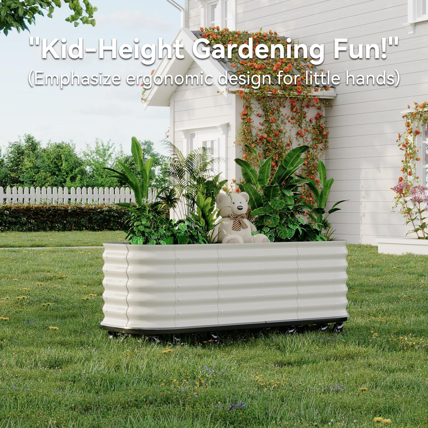 GarveeHome Self-Watering Wheeled Metal Garden Bed – Mobile Raised Planter Box with Water, Galvanized Steel Indoor/Outdoor Rolling Grow Station for Herbs, Veggies & Decor （94.5"x23.6"x19.7",White