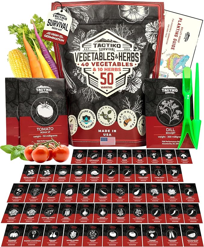 50 Tactiko Survival Vegetable, Herb & Fruit Seed Kit - U.S.A. Harvested Varieties - Over 25,000 Non-GMO Heirloom Seeds - Emergency Seed Vault in Waterproof Mylar Bag - Long-Term Storage