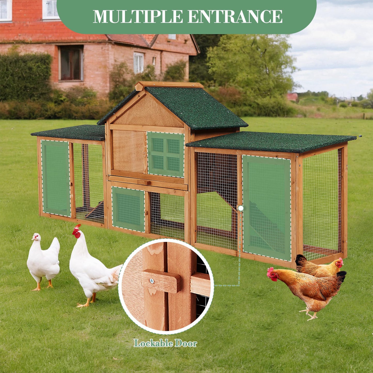 GarveeLife 80in Wooden Rabbit Hutch, Outdoor Chicken Coop, Bunny Hutch Guinea Pig Pet House Bunny Cage with Double Side Runs, Weatherproof Roof, Removable Tray, Ramps for Small Animals
