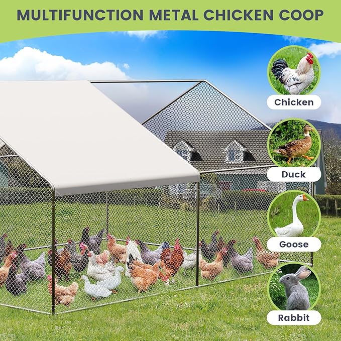 Large Metal Chicken Coop, Large Chicken Pen, Chicken Runs for Yard with Waterproof and Anti-UV Cover, Duck Rabbit House Outdoor (9.8'L x 13.1'W x 6.5'H)