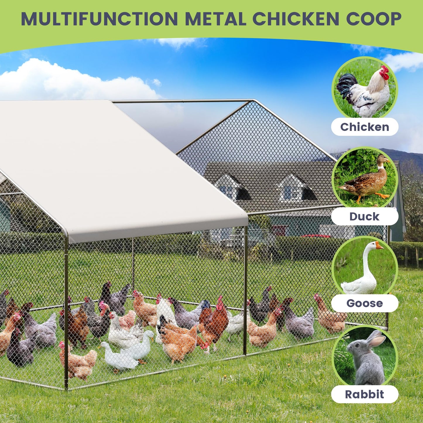 Large Metal Chicken Coop, Large Chicken Run, Walk-in Poultry Cage with Waterproof and Anti-Ultraviolet Cover for Outdoor Yard Farm Use (9.8' L x 13.1' W x 6.6' H)