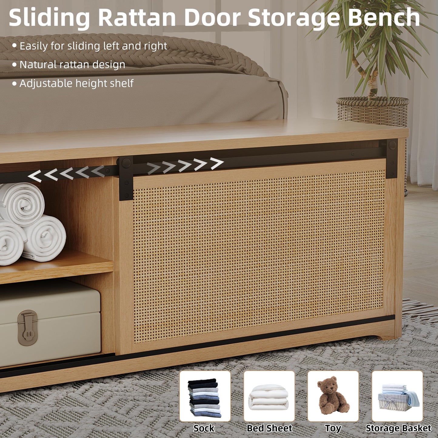 GarveeHome Natural Rattan King Size Bed Frame with Sliding Barn Door Storage Cabinets and Headboard, Boho Farmhouse Wood Platform Bed with Solid Wood Legs Support, No Box Spring Needed