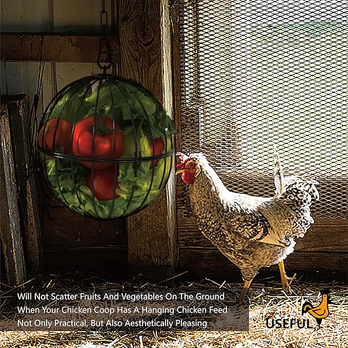 Hanging Chicken Feeder, 7.1 Inch Large Iron Chicken Vegetable Treat Ball, Veggie Hanging Foraging Ball with 20 Inch Hanging Chain for Hens Coop Poultry