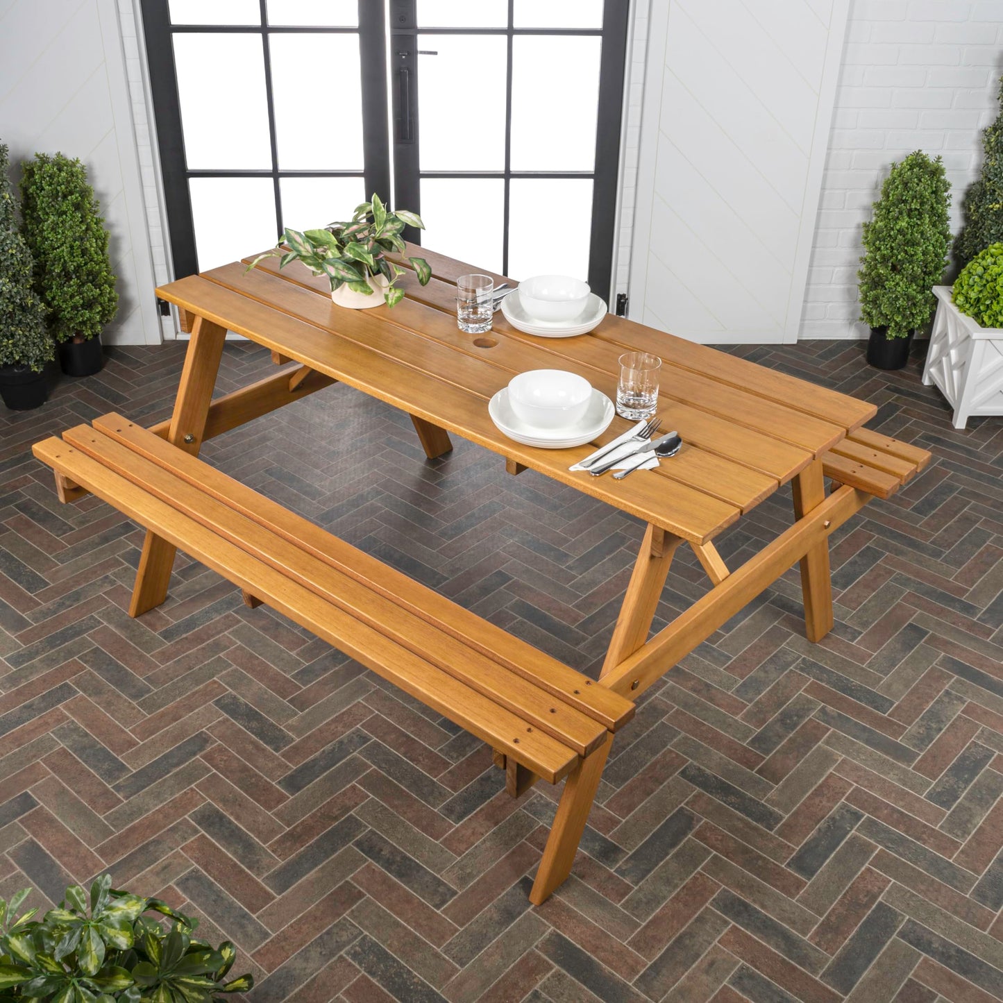 JONATHAN Y BNH200A Shoreham 59" Modern Classic Outdoor Wood Picnic Table Benches with Umbrella Hole Traditional, Coastal, Mid-Century, Vintage, Farmhouse, Teak Brown