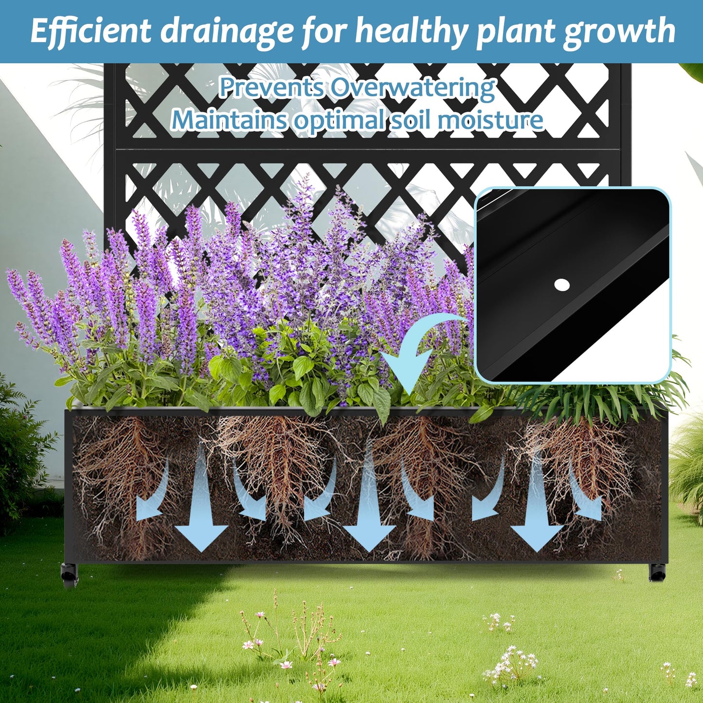 TUYOHW Metal Planter Box with Trellis & Wheels, Raised Garden Bed with Privacy Screen, Outdoor Standing Flower Beds with Drainage Hole for Climbing Plants, Vine, 47.2''L×15.7''W×70.9''H, Black