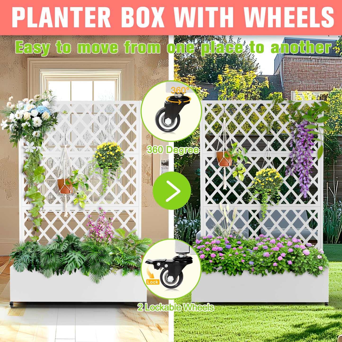 Metal Planter Box with Trellis, Raised Garder Bed with Drainage Hole, Privacy Screen & Trellis for Climbing Plants, Outdoor Plant Stands, 47''L×17''W×73''H, White