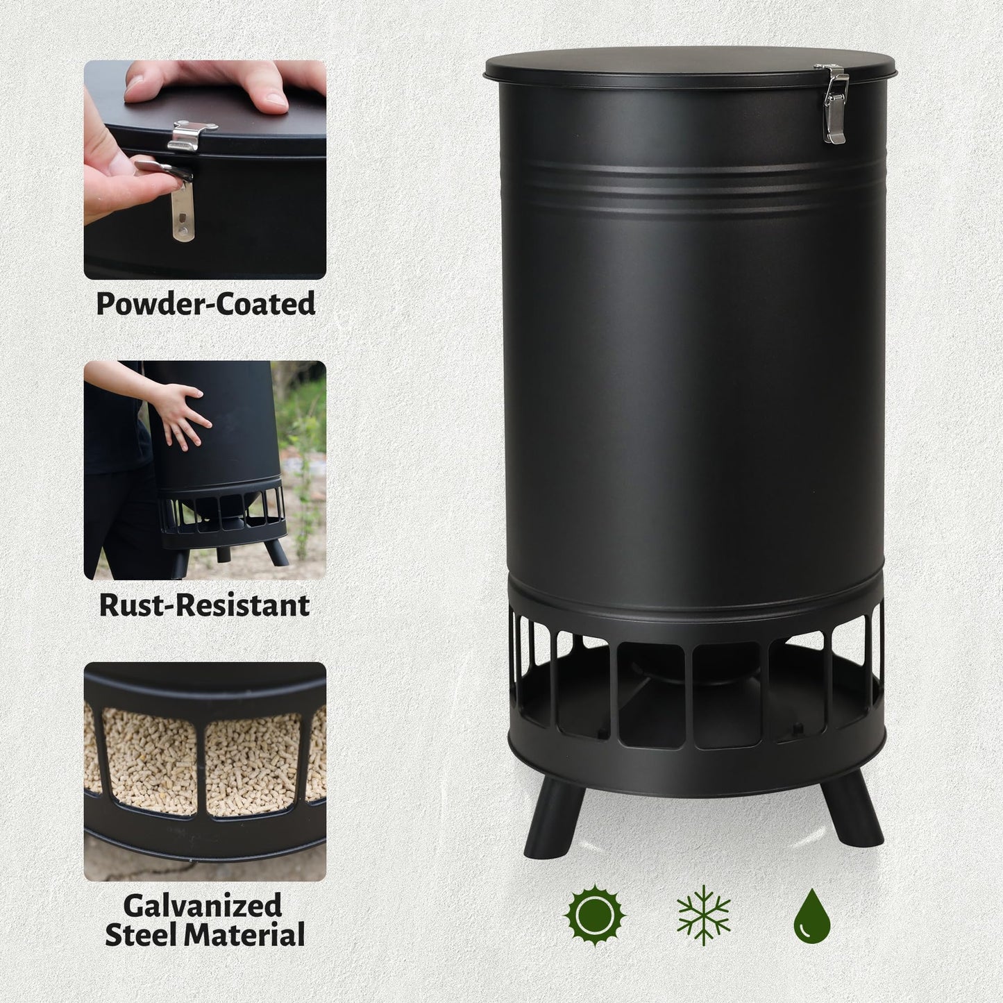 Solution4Patio 65 LB Large Free Standing Chicken Feeding Barrel, Portable Gravity Chicken Feeder Automatic, Dispenser, 16 Feeding Ports Poultry Feeder, Hen Coop (Black)