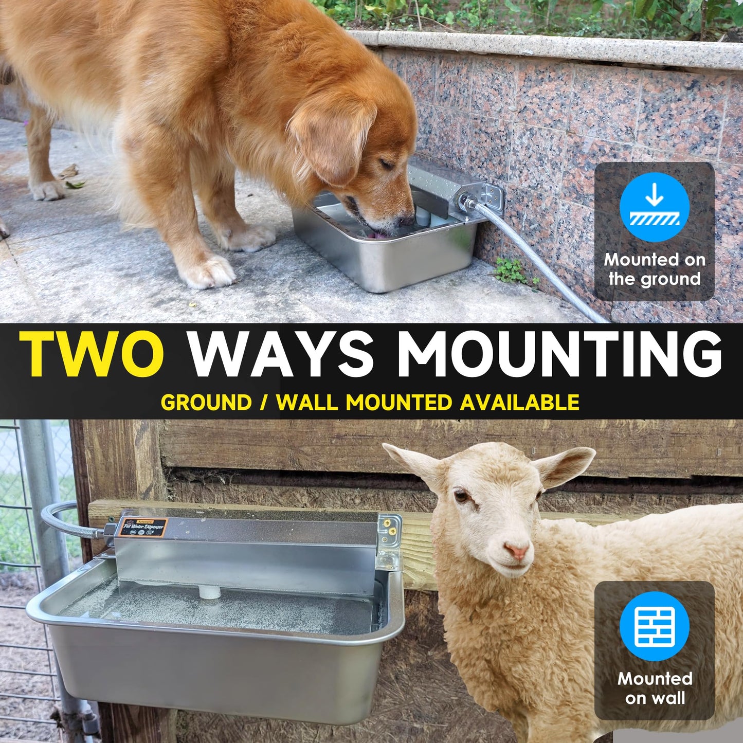 PETSOLON Automatic Dog Water Dispenser, 2 Gallons 304 Stainless Steel Large Dog Water Bowl Dispenser for Indoor/Outdoor, Pet & Livestock Water Feeder, Auto Fill, Fits GHT 3/4" Faucet, Easy to Clean