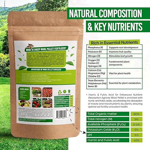 Wool Pellet Organic Fertilizer (4x8.8 oz), Made of Sheep Wool, Water Holding, Enhances Soil Health, Ideal for Fruits, Vegetables, Flowers, Indoor and Outdoor Plants - 4 Pack