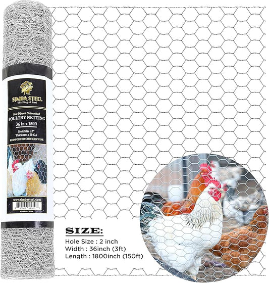 Chicken Wire 36 in x 150 FT x 2” Mesh x 20GA | Poultry Wire Netting | Hot Dipped Galvanised | Hexagonal Galvanized Mesh for Chicken Coop, Rabbit Cage, Fence Barrier PM36x150x2