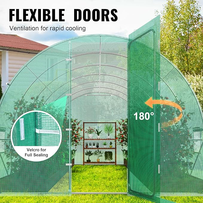 VEVOR Walk-in Tunnel Greenhouse, 19.4x9.7x7.4 ft Hoop House Greenhouse Tunnel, Plant Hot House with Galvanized Steel Frame, Green PE Cover, Swing Door and 12 Roll-up Windows for Outdoor