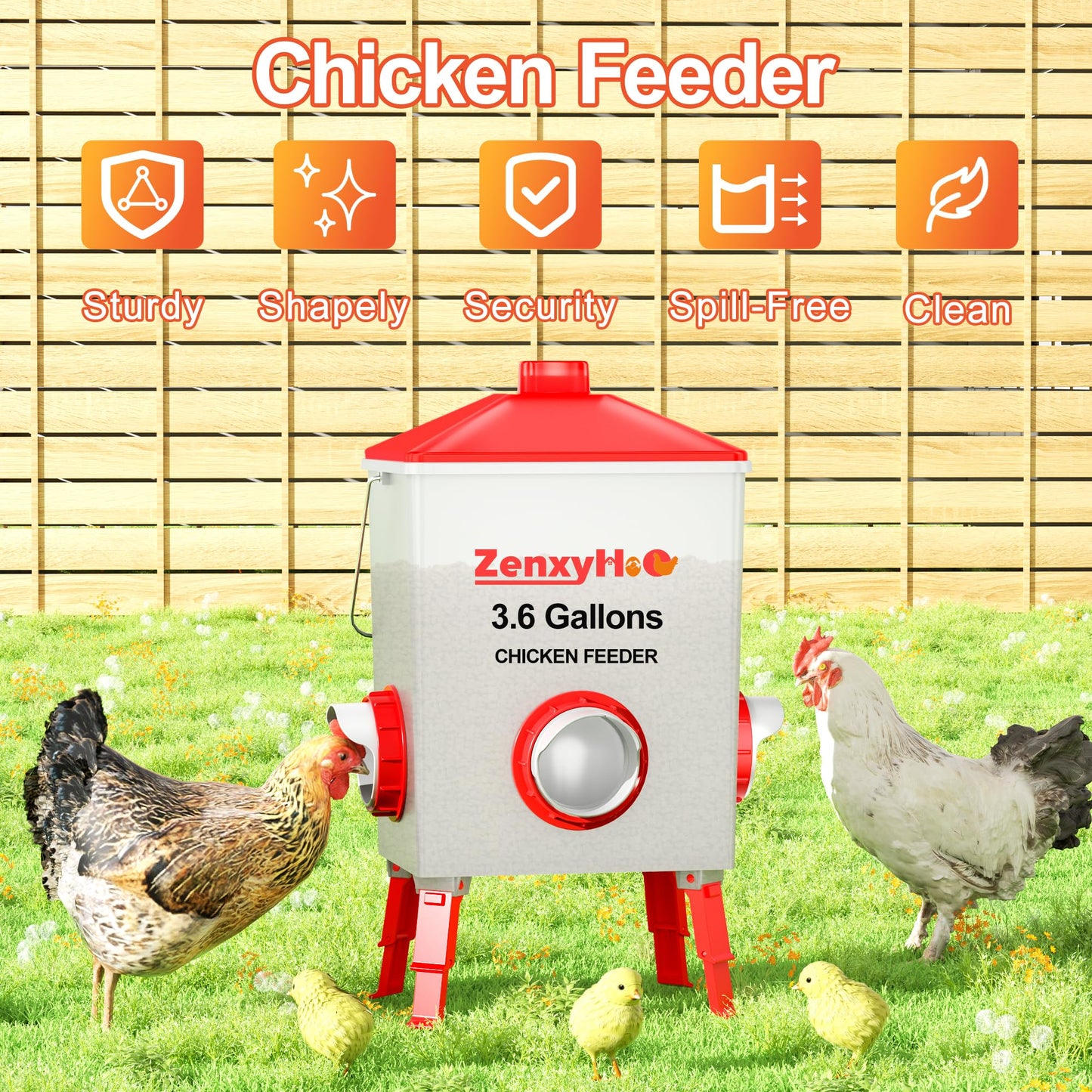 ZenxyHoC 2 * 3.6 Gallons Chicken Feeder Bucket with Handle, Anti Roost Cone and Adjustable Legs
