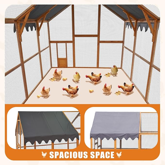109.6'' Large Wood Chicken Coop Enclosures,Walk-in Poultry Cage, Chicken Run Pen Duck House with Waterproof and Anti-Ultraviolet Cover for Outdoor Farm Use Spire Roof, Yellow