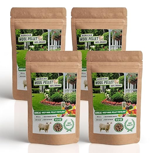 Wool Pellet Organic Fertilizer (4 * 17 oz), Made of Sheep Wool, Water Holding, Enhances Soil Health, Ideal for Fruits, Vegetables, Flowers, Indoor and Outdoor Plants - 4 Pack