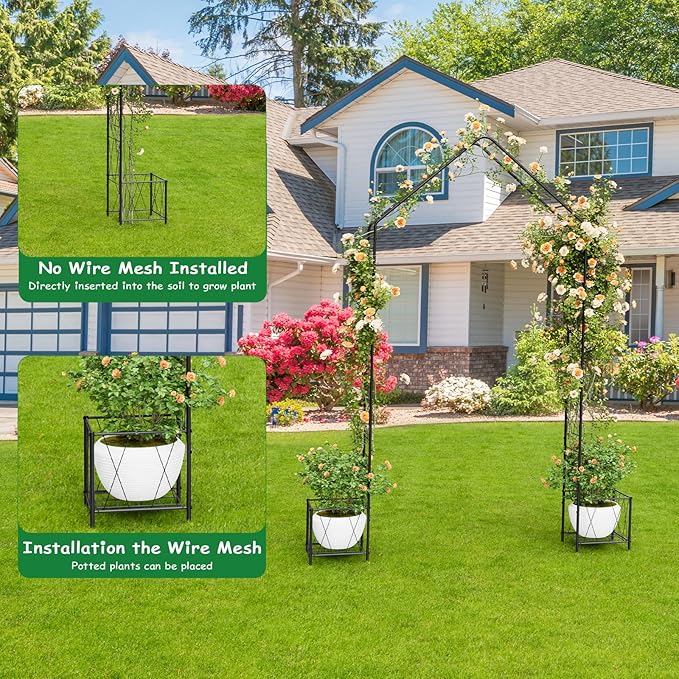 Vrisa Metal Garden Arch Trellis for Climbing Plants Outdoor 8.2 Ft Garden Arbor with Planter Boxes Wedding Arches for Ceremony Halloween Christmas Decoration Garden Archway for Party, Backyard, Lawn