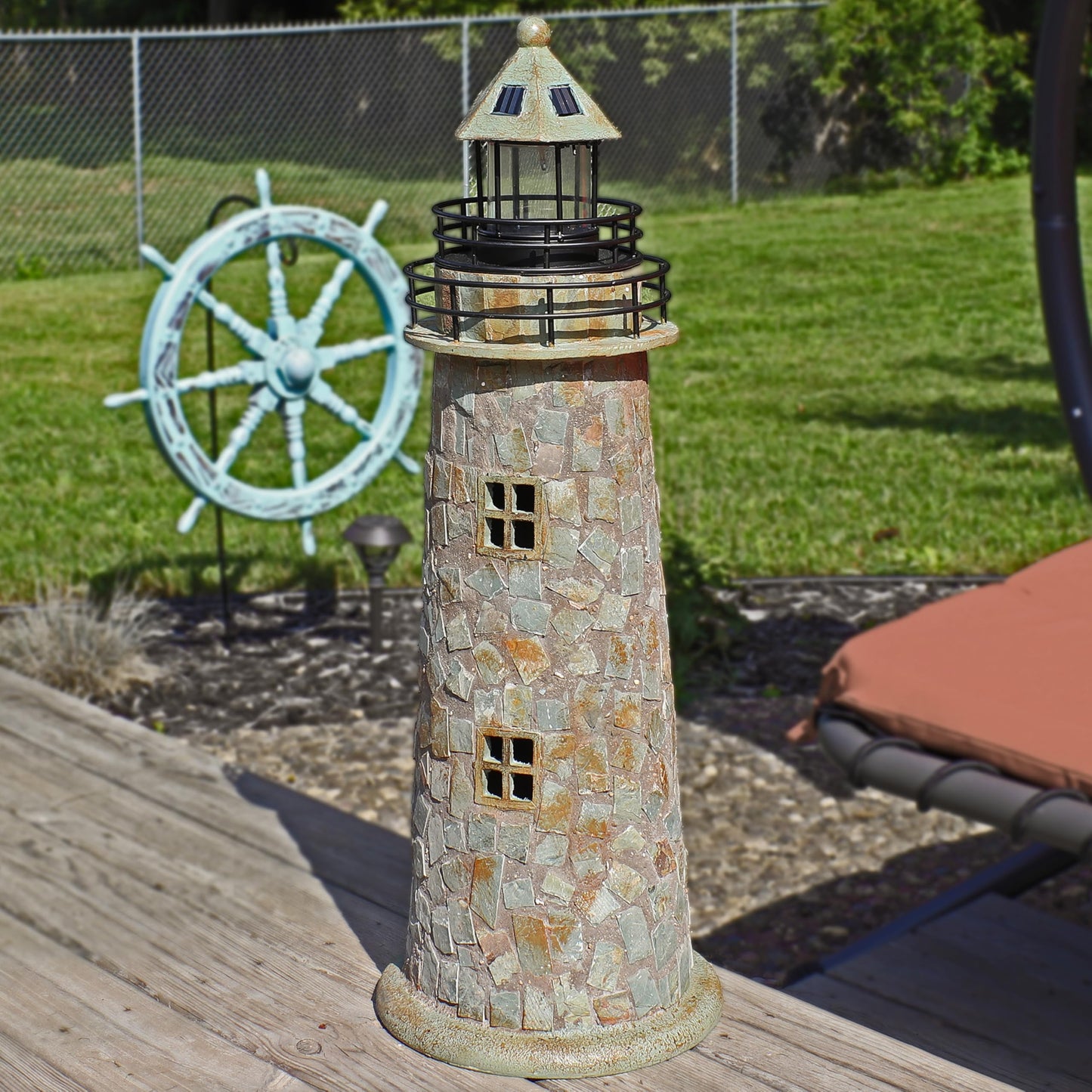 Sunnydaze 35-Inch Outdoor Lighthouse Lamp - Solar Lighthouse Decor with LED Light for Garden, Yard, Patio - Decorative Cobblestone