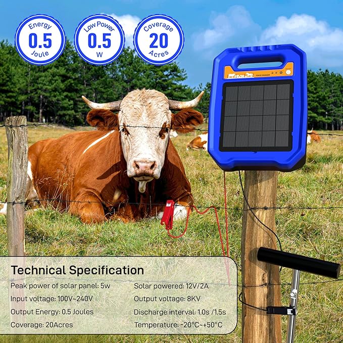 Low Impedance Electric Fence Charger - Solar Powered Electric Fence Controller Output 0.5J up to 5 Miles Electric Fence for Livestock Farm with Day/Night Mode