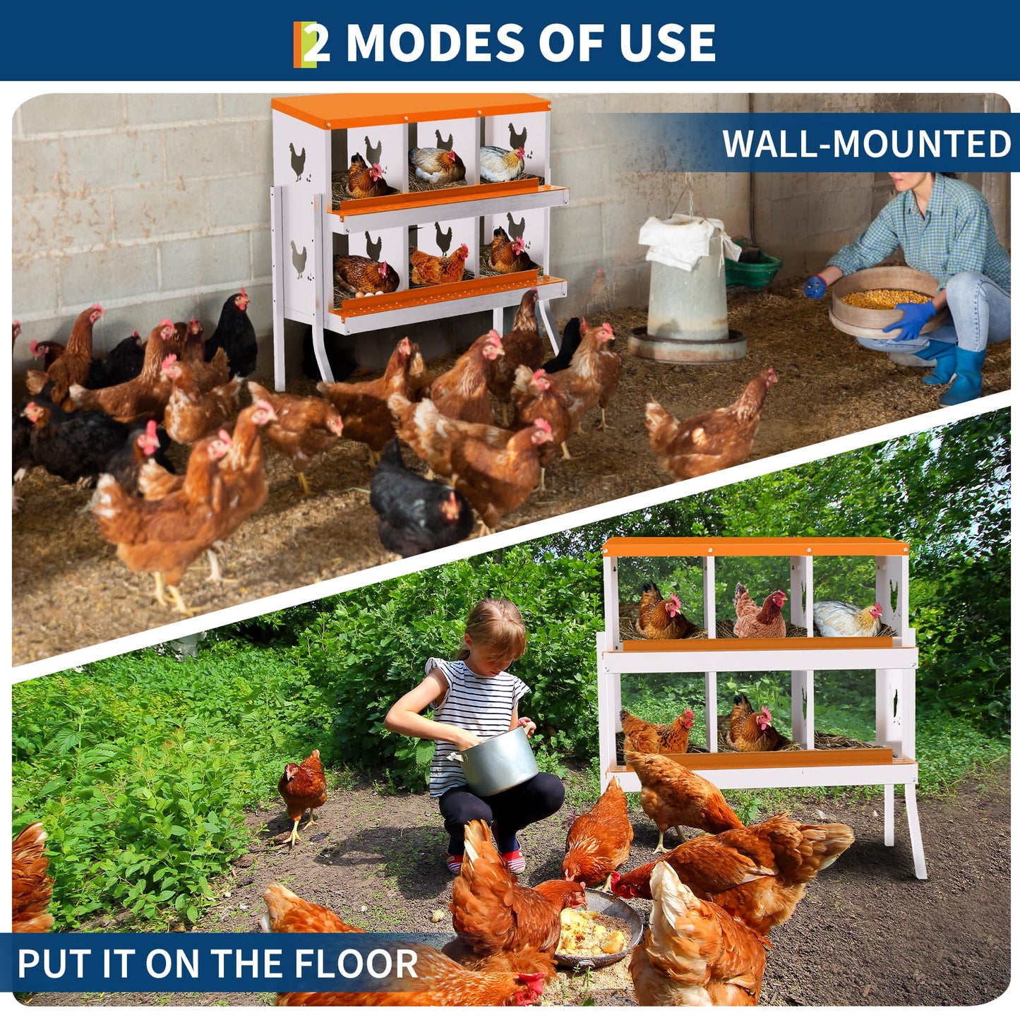 Garvee Chicken Nesting Box with Removable Tray, 6 Compartment Nesting Boxes for Chickens, Easy to Clean and Install, Chicken Laying Boxes for Chicken Coop to Protect Eggs - with Bracket Legs, Orange
