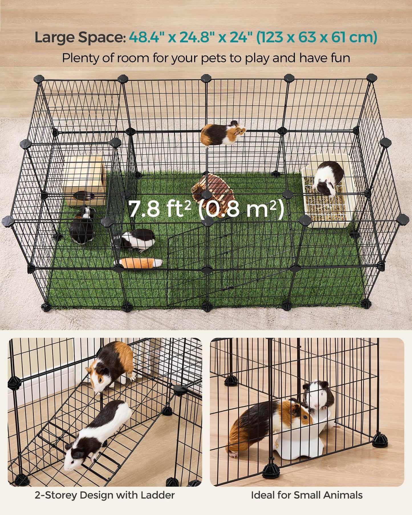 SONGMICS 36 Panels Pet Playpen, Small Animal Playpen, Rabbit Guinea Pig Cage, Zip Ties Included, Metal Wire Apartment-Style Two-Story Pet Premium Villa for Bunnies Puppies,Indoor Use, Black ULPI002B01