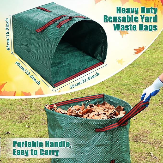 2 Pack Reusable Yard Waste Bags - 40 Gallon Dustpan Type Lawn And Leaf Bags, Heavy Duty Garden Bags With Adjustable Metal Leaf Rake,Gardening Gloves,Garden Waste Bag With Handles,Camping Recycling Bag