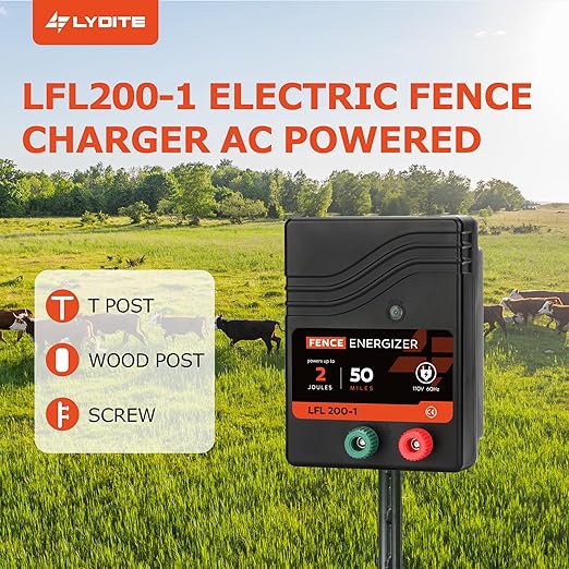 Electric Fence Charger AC Powered 50 Miles 165 Acres, 110 Volt 2 Joule Plug-in Electric Fence Energizer, Output Voltage Max 10 kV for Livestock, Preventing Predators from Intruding