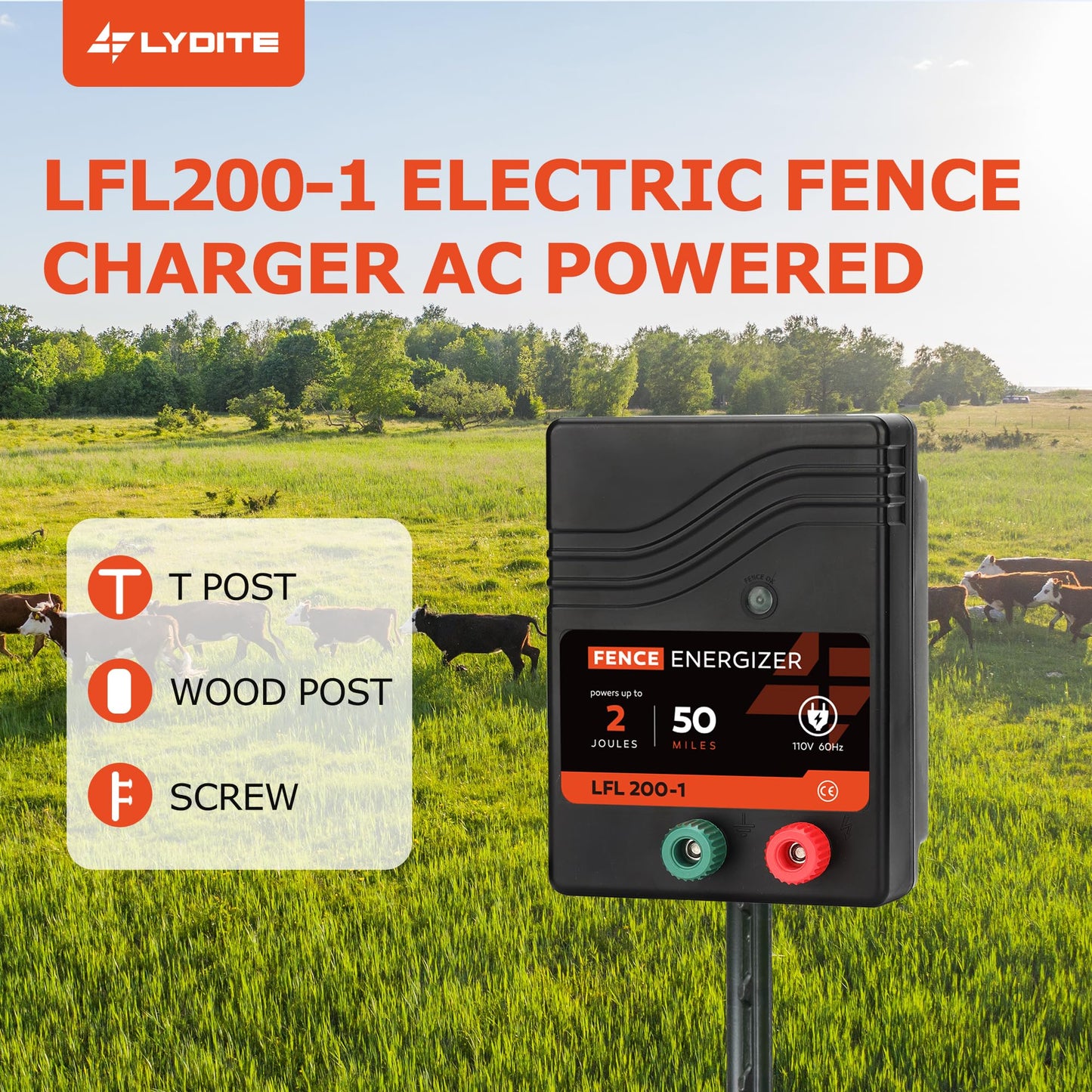 Electric Fence Charger AC Powered 50 Miles 165 Acres, 110 Volt 2 Joule Plug-in Electric Fence Energizer, Output Voltage Max 10 kV for Livestock, Preventing Predators from Intruding