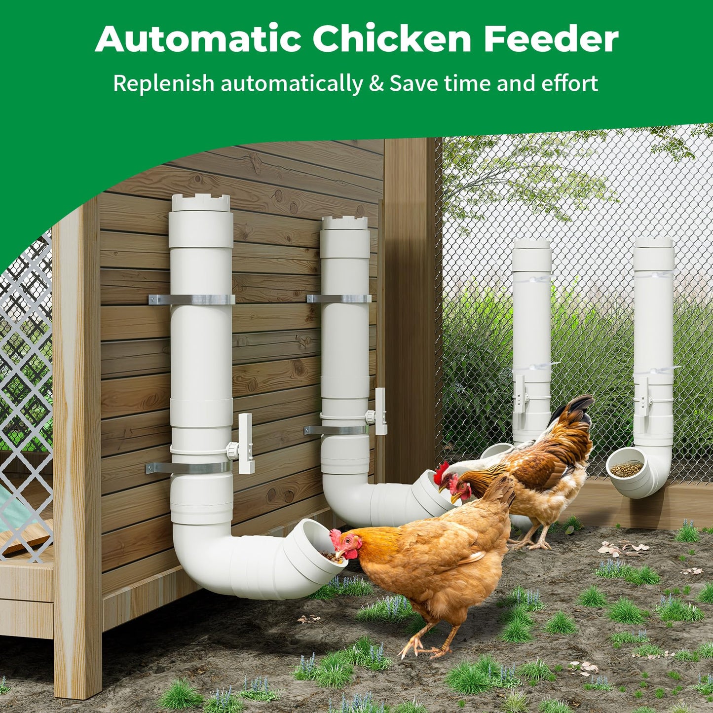 Forestchill Automatic Chicken Feeder with Adjustable Valves, Heavy Duty Plastic Pipe Chicken Coop Feeder of 7 Pounds Capacity, No Waste Hanging Chicken Feeders with 2 Lids