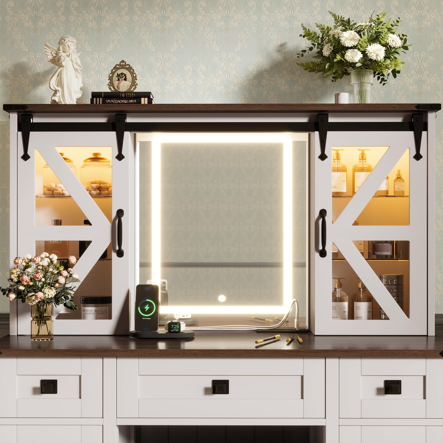 Merax 43.3" Farmhouse Makeup Vanity Desk with Lighted Mirror,Vanity Table Set with Storage Stool with Sliding Barn Door Hidden Shelves & 3 Drawers & 4 Cabinets,Beige