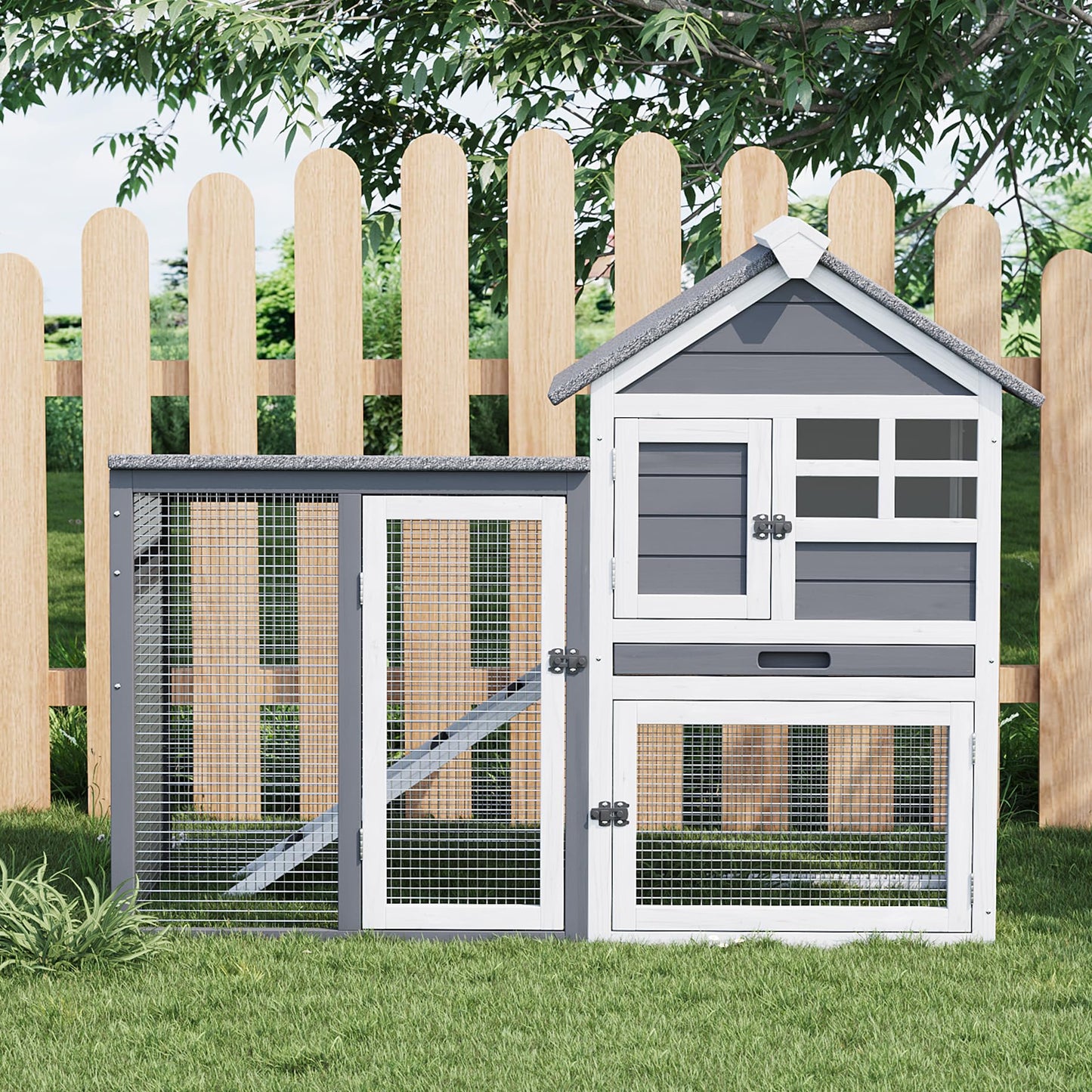 Small Wooden Chicken Coop, 2-Story Rabbit Hutch Indoor Outdoor with Waterproof Roof, Bunny Cage with Pull Out Tray and a Wooden Ramp (45.28" l x 20.08" w x 36.61" h)