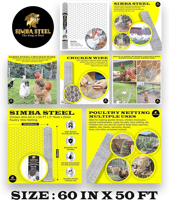 Chicken Wire 60 in x 50 FT x 2” Mesh x 20GA | Poultry Wire Netting | Hot Dipped Galvanised | Hexagonal Galvanized Mesh for Chicken Coop, Rabbit Cage, Fence Barrier PM60x50x2