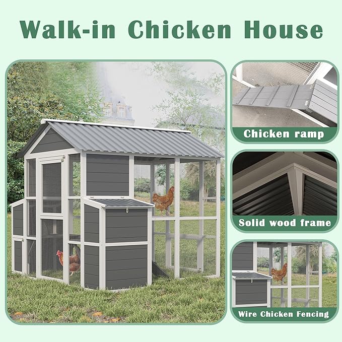 Outdoor Wooden Chicken Coop for 10 Chickens,Large Hen House Poultry Habitat Pet Hutch Run Cage with 2 Chicken Nesting Boxes,Walk in Chicken Coops Run W/Ramp and Run,Waterproof Roof,(80"×82"×69")