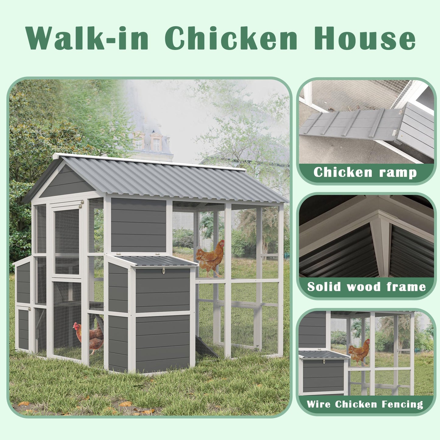 YOPTO Outdoor Wooden Chicken Coop for 10 Chickens,Large Hen House Poultry Habitat Pet Hutch Run Cage with 2 Chicken Nesting Boxes,Walk in Chicken Coops Run W/Ramp and Run,Waterproof Roof,(80"×82"×69")
