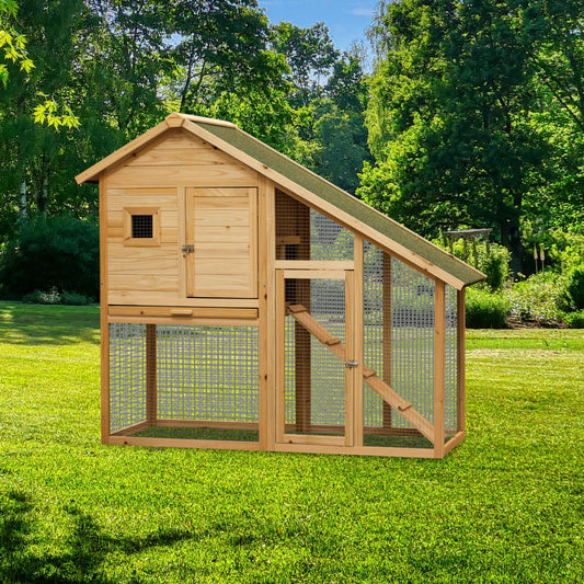 SPOFLYINN 5" 2-Tier Outdoor Wooden Rabbit Hutch with Ramp Waterproof Roof Removable Tray Rabbit Cages for Rabbits Chicken Guinea Pigs Natural