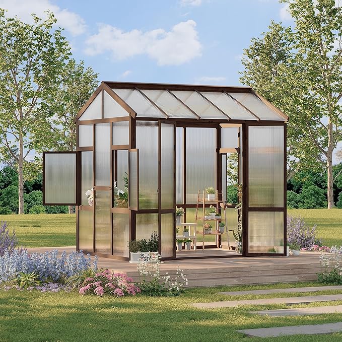 6x8 FT Wooden Greenhouse for Outdoor - Heavy Duty Walk-in Green House Kit with 6mm Polycarbonate,Ventilated Window & Lockable Door for Backyard,Patio,Lawn