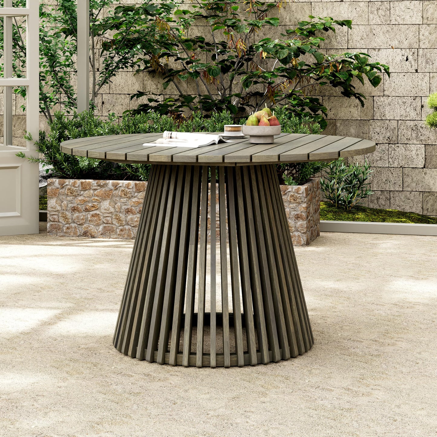 Christopher Knight Home Briar Farmhouse Acacia Wood Round Dining Table, Patio Dining Room Table with Unique Wooden Base for Backyard/Garden, Slatted Design Outdoor Dining Table, Light Teak