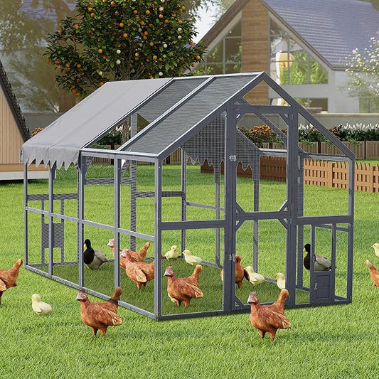 109.6'' Large Wood Chicken Coop Enclosures,Walk-in Poultry Cage, Chicken Run Pen Duck House with Waterproof and Anti-Ultraviolet Cover for Outdoor Farm Use Spire Roof, Grey