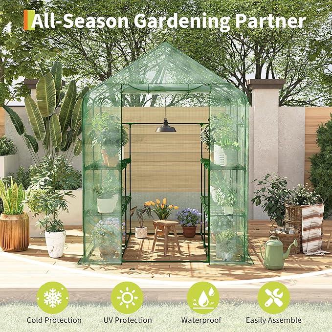 Greenhouse, 57 x 57 x 76'' Greenhouses for Outdoors, Durable Green House Kit with Window, Thicken PE Cover, 3 Tiers 12 Shelves, Portalbe Walk in Green Houses for Indoor Backyard Outside