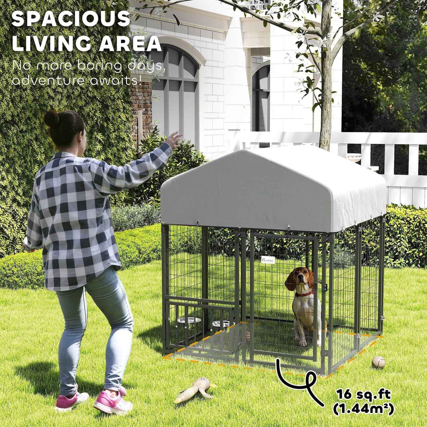 PawHut 4' x 4' x 4.5' Outdoor Dog Kennel, Welded Wire Dog Kennel Outside Run with 360° Rotating & 4 Level Adjustable Bowls, Waterproof & UV Resistant Cover, for S&M Breeds, Chickens, Ducks, Silver