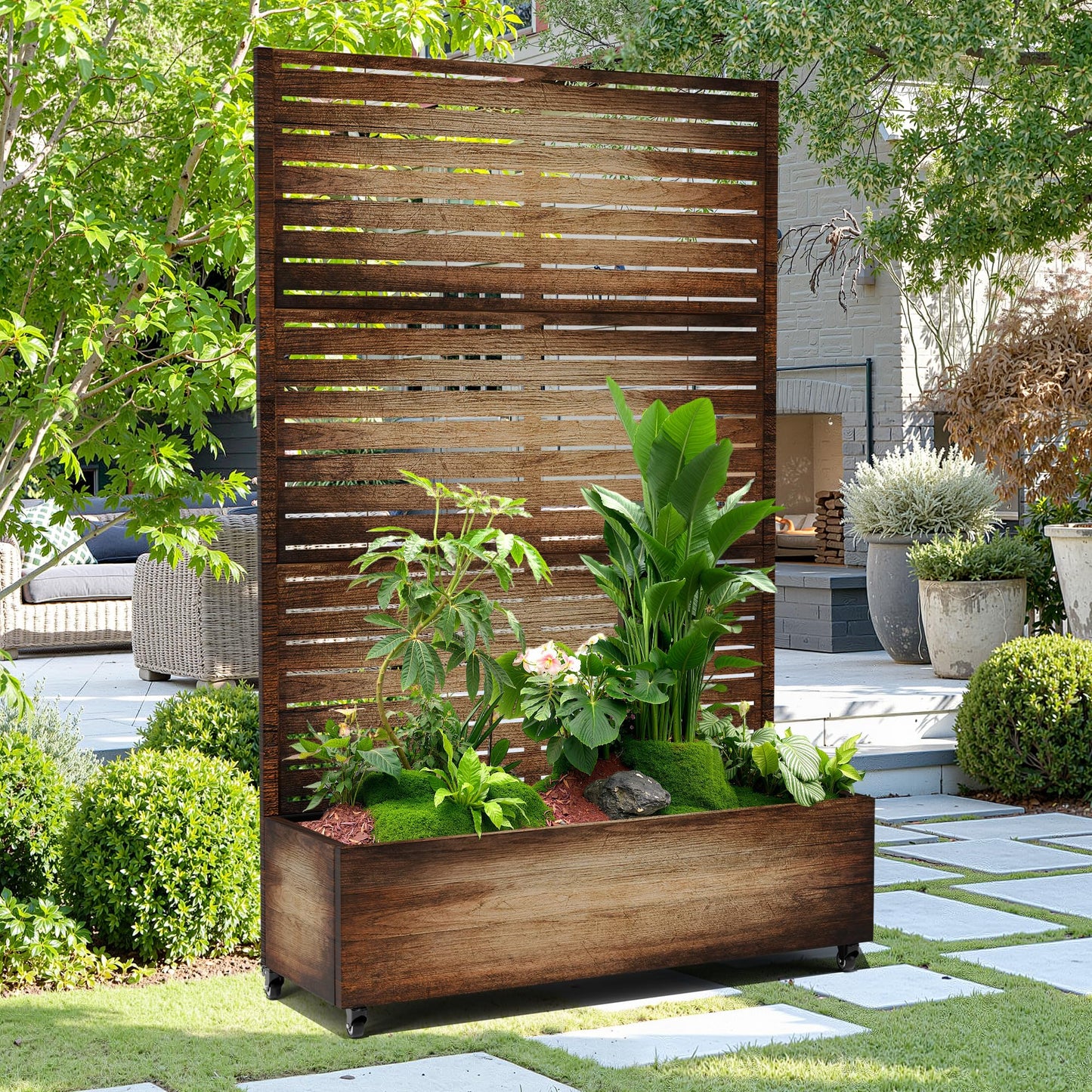 15.7"×70.9"×47.2" Metal Raised Garden Bed with Trellis and Wheels - Tall Trellis Planter Box for Climbing Plants, Vegetables & Vines - Outdoor Privacy Planters for Patio (Natural Wood Grain)