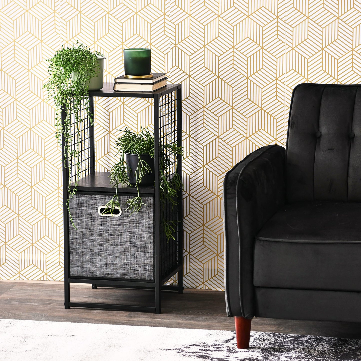Household Essentials Trellis Open Storage Bookshelf with 2 Cube Compartments Black Oak Wood Grain and Black Metal
