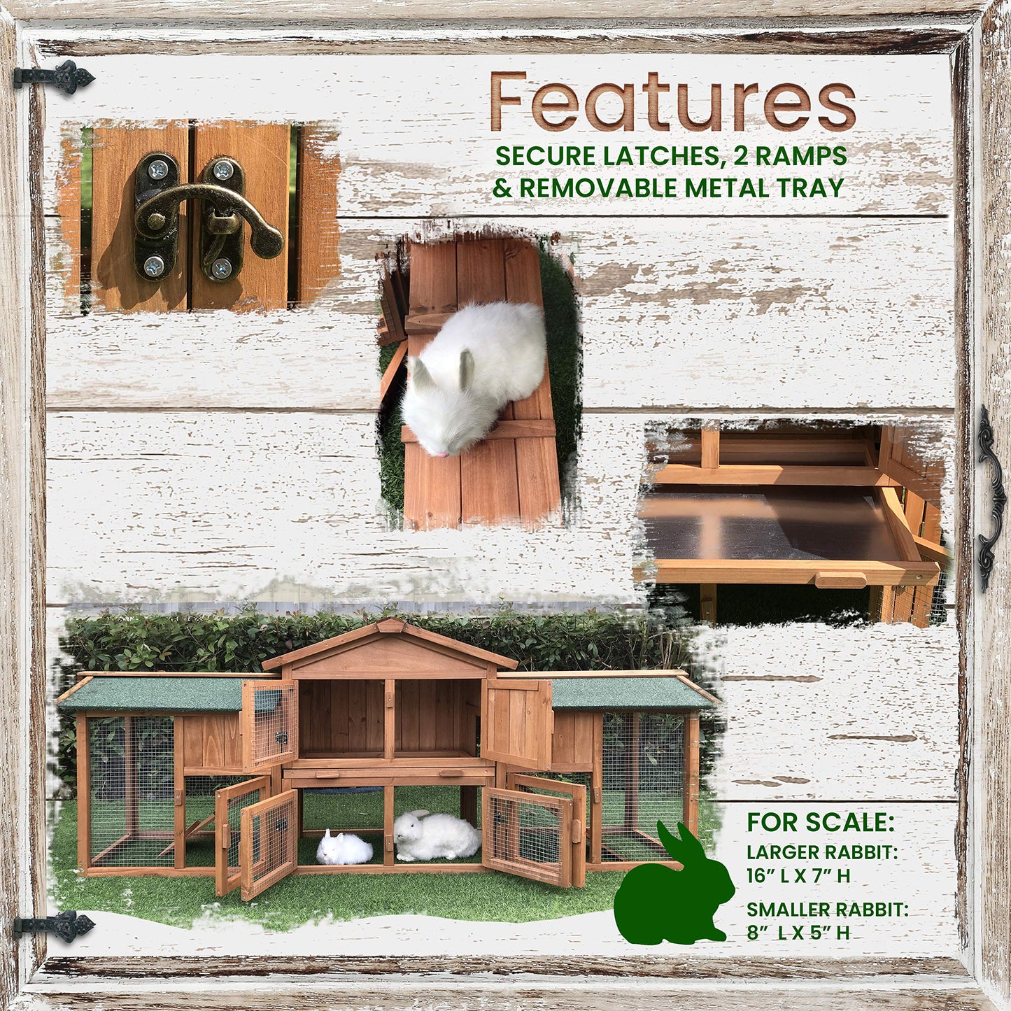 Hanover Durable Two-Level Outdoor Wooden Elevated Rabbit Hutch with Ramp and Large Wire Mesh Run (6.5'x1.7'x2.8') Security Cage for Rabbits, Guinea Pigs with Waterproof Roof, Removable Food Tray