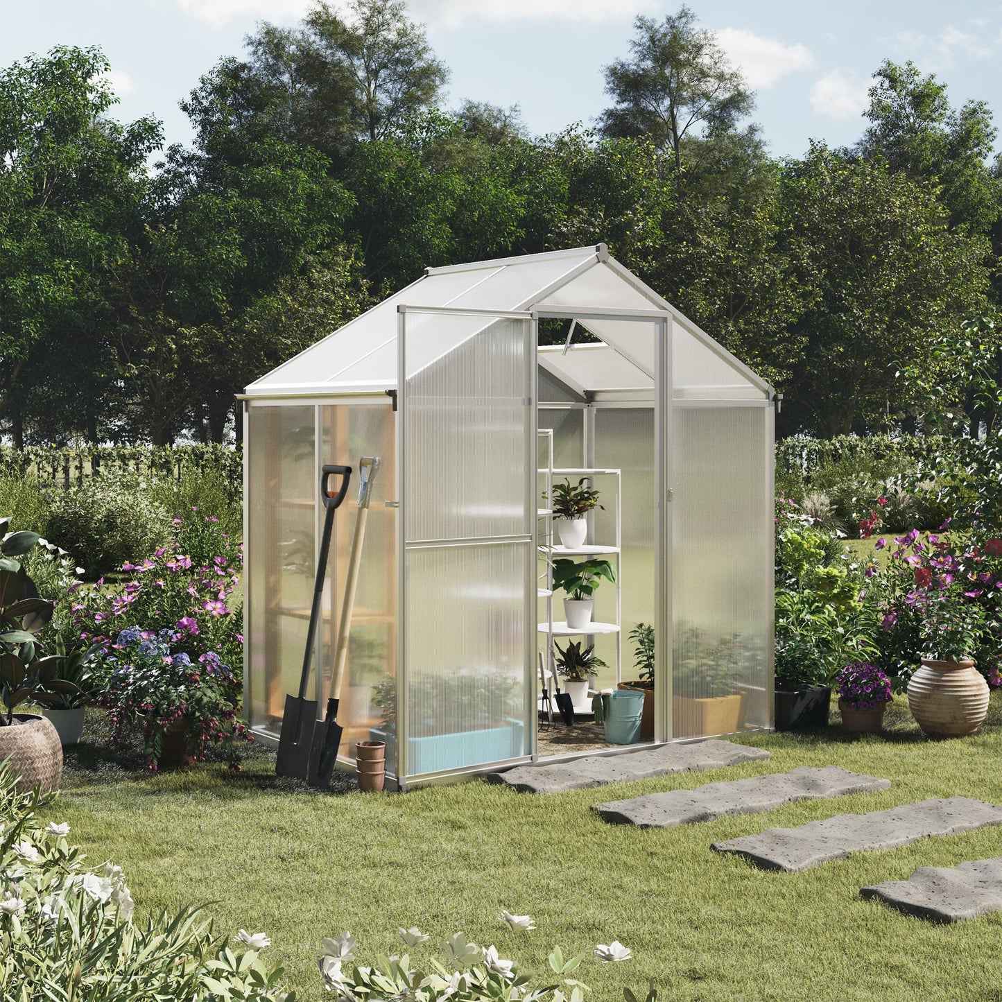 Walk in Greenhouse - 4ft x 6ft Outdoor Green House with Roof Vent and Rain Gutter - Sturdy Polycarbonate Panels with Aluminum Frame by Home-Complete