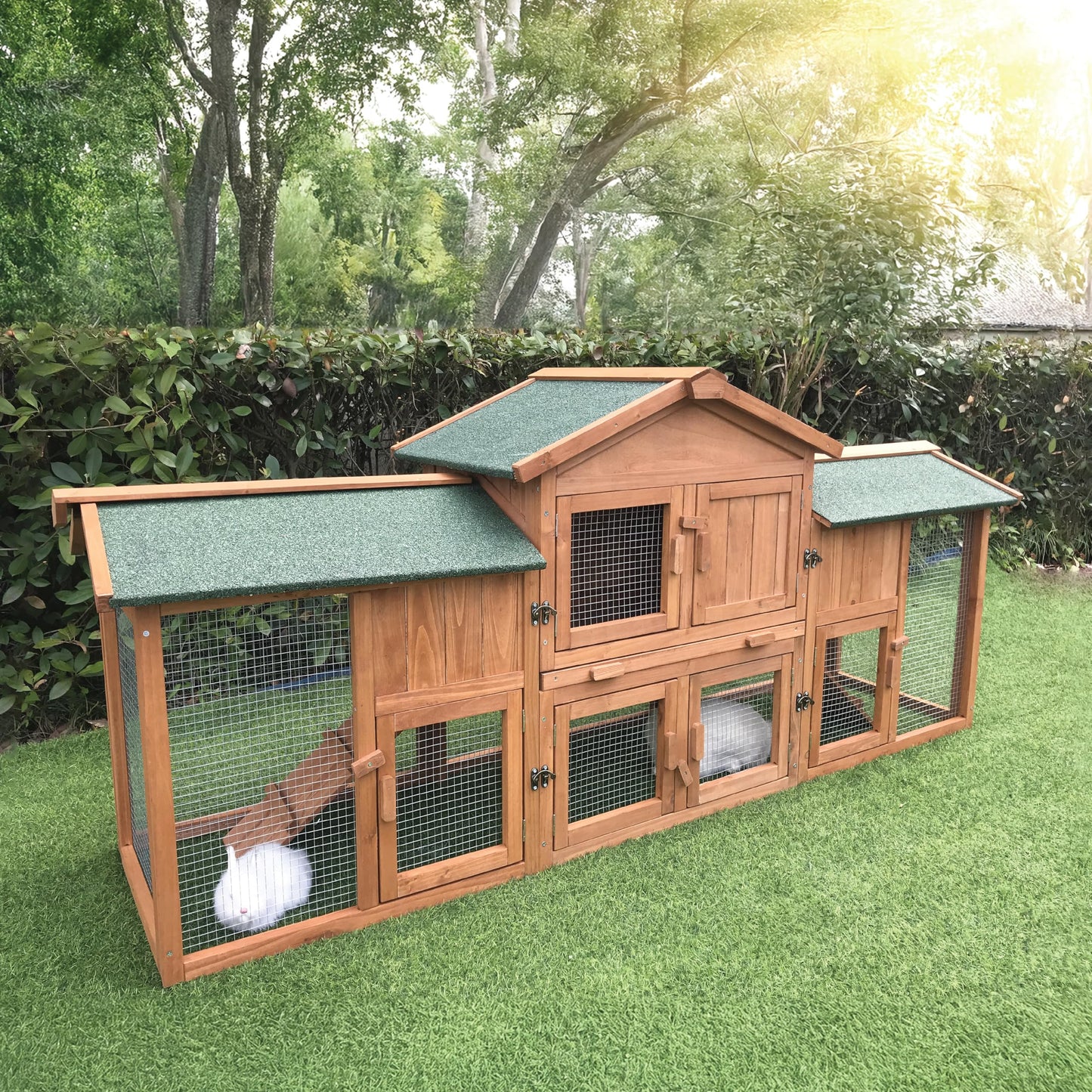 Hanover Durable Two-Level Outdoor Wooden Elevated Rabbit Hutch with Ramp and Large Wire Mesh Run (6.5'x1.7'x2.8') Security Cage for Rabbits, Guinea Pigs with Waterproof Roof, Removable Food Tray