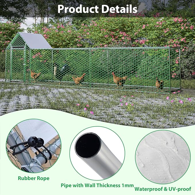 Metal Chicken Coop,16x3FT Walk-in Chicken Run,Galvanized Wire Poultry Chicken Hen Pen Cage, Rabbits Duck Cages with Waterproof and Anti-Ultraviolet Cover for Backyard and Farm