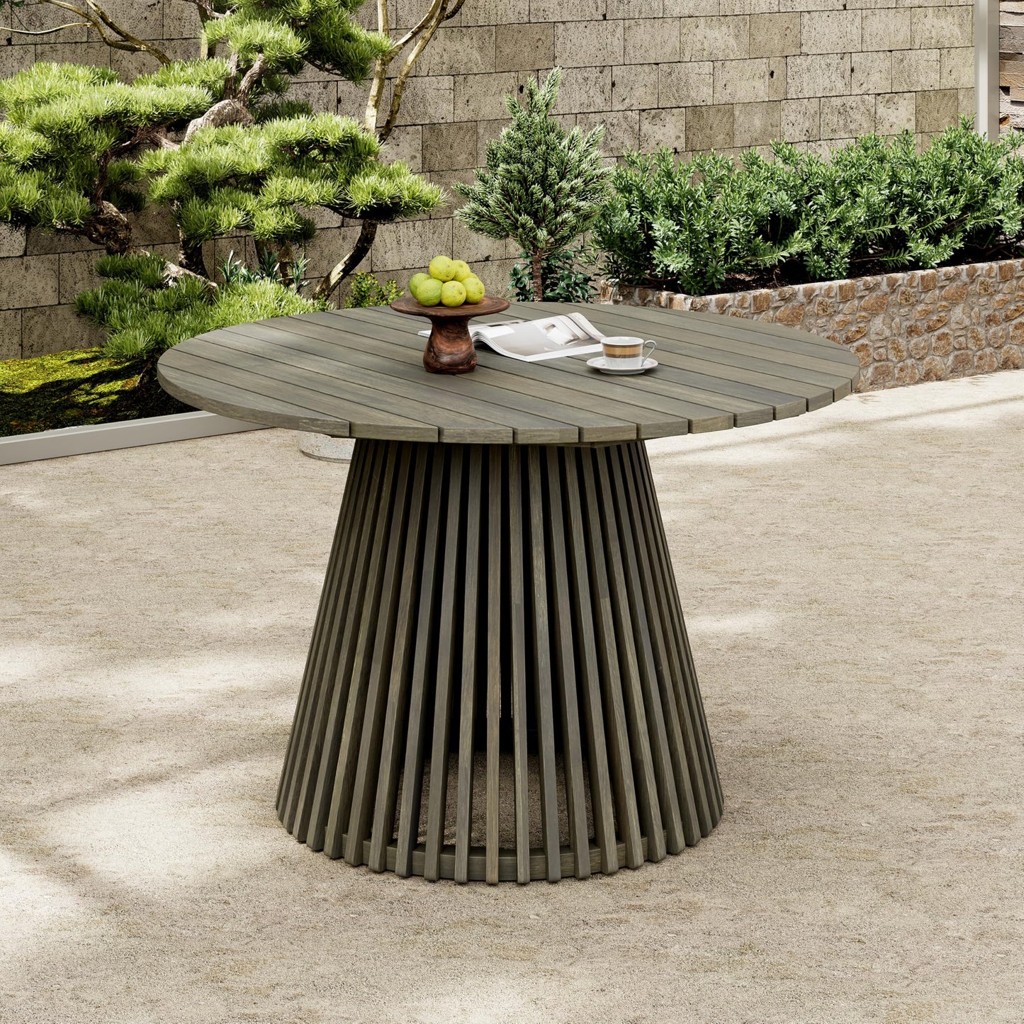 Christopher Knight Home Briar Farmhouse Acacia Wood Round Dining Table, Patio Dining Room Table with Unique Wooden Base for Backyard/Garden, Slatted Design Outdoor Dining Table, Light Teak