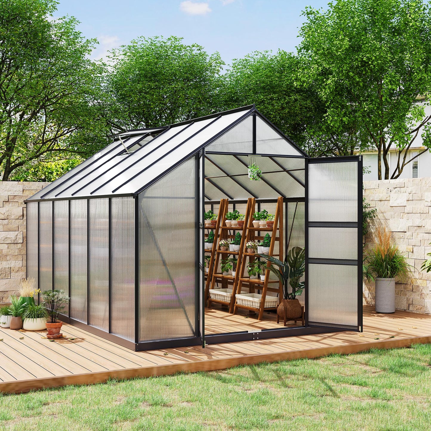 Large Greenhouse for Outdoors 8x12 FT, Polycarbonate Green House with Roof Vent and Quick Setup Structure, Aluminum Greenhouse Kit for Garden Backyard