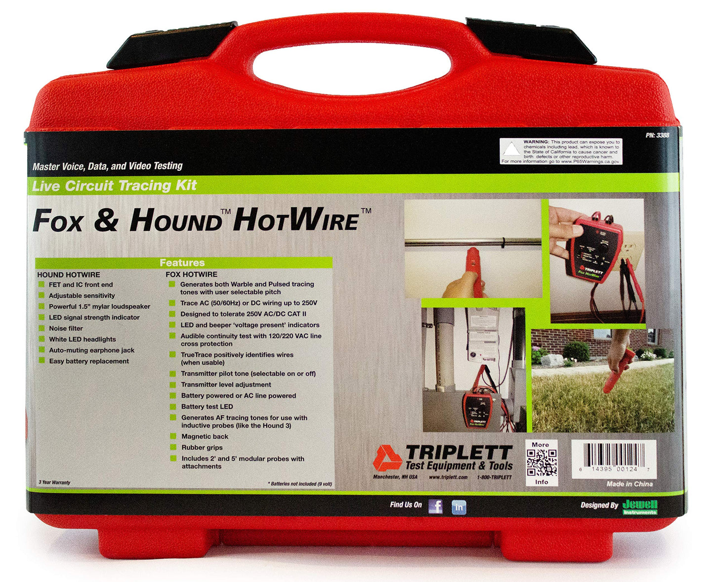 Triplett 3388 Fox & Hound HotWire Live Wire Tone and Probe Wire Tracing Kit with Adjustable Sensitivity - Traces Wires from 0 ~ 250 VAC and up to 1000 ft,Black